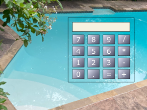 A picture of a swimming pool with a calculator superimposed which is captioned pool running cost calculator